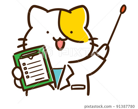 一隻帶著醫療證明教書的可愛醫生貓的變形插圖 91387780