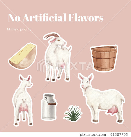 Sticker template with goat milk and cheese farm concept,watercolor style 91387795