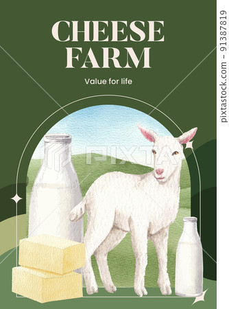 Poster template with goat milk and cheese farm concept,watercolor style Poster template with goat milk and cheese farm concept,watercolor style 91387819