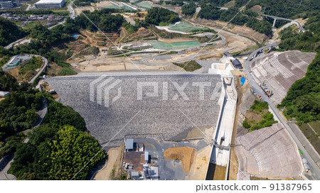 June 2022. Photographing the Aigawa Dam under construction in Ibaraki City, Osaka Prefecture with a drone 91387965