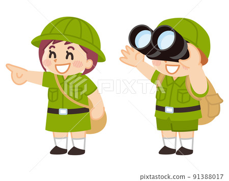 雙筒望遠鏡和遠征孩子戶外童子軍冒險 91388017