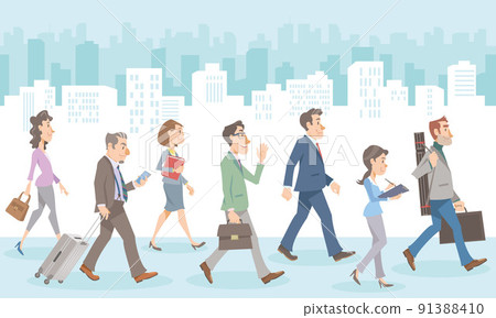 Businessmen walking in the background of the building. The whole body of male and female office workers. 91388410