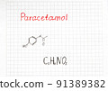 Chemical formula of Paracetamol. Tablets to eliminate high temperature. Close-up. 91389382