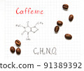 Chemical formula of Caffeine with some grains coffee. Close-up. 91389392