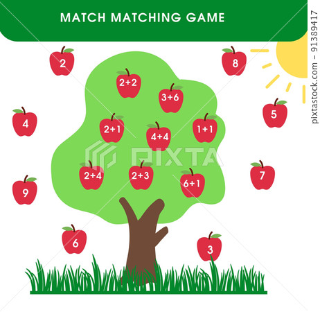 Match educational game for kids. Matching mathematics activity with apples. Counting game for children. Study addition. Match educational game for kids. Matching mathematics activity with apples. Counting game for children. Study addition. 91389417