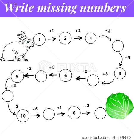 Mathematics educational game for children. Complete the row, write missing numbers. Solve the equation and help white rabbit find cabbage. Math activity for preschool kids and toddlers. 91389430