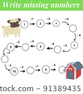 Mathematics educational game for children. Complete the row, write missing numbers. Solve the equation and help dog find kennel. Math activity for preschool kids and toddlers. 91389435