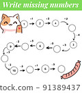 Mathematics educational game for children. Complete the row, write missing numbers. Solve the equation and help kitten find sausage. Math activity for preschool kids and toddlers. 91389437