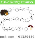 Mathematics educational game for children. Complete the row, write missing numbers. Solve the equation and help oyster find mushrooms. Math activity for preschool kids and toddlers. 91389439