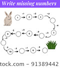 Mathematics educational game for children. Complete the row, write missing numbers. Solve the equation and help grey rabbit find green grass. Math activity for preschool kids and toddlers. 91389442