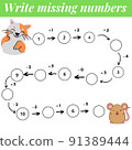 Mathematics educational game. Complete the row, write missing numbers. Solve the equation and help grey cat find mouse.. 91389444