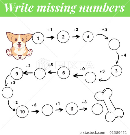 Mathematics educational game for children. Complete the row, write missing numbers. Solve the equation and help dog find stone. Math activity for preschool kids and toddlers. Mathematics educational game for children. Complete the row, write missing numbers. Solve the equation and help dog find stone. Math activity for preschool kids and toddlers. 91389451