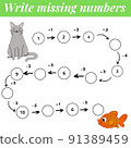 Mathematics educational game. Complete the row, write missing numbers. Solve the equation and help cat find gold fish. 91389459