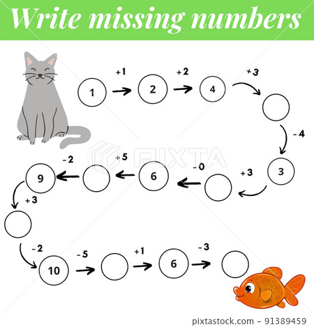 Mathematics educational game. Complete the row, write missing numbers. Solve the equation and help cat find gold fish. 91389459