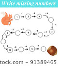 Mathematics educational game for children. Complete the row, write missing numbers. Solve the equation and help squirrel find nutlet. Math activity for preschool kids and toddlers. 91389465