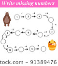 Mathematics educational game. Complete the row, write missing numbers. Solve the equation and help brown bear find honey 91389476