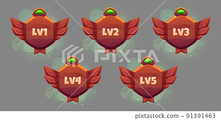 Game level ui icons, wooden shields or banners Game level ui icons, wooden shields or banners 91391463