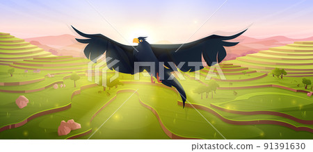 Cartoon black eagle bird flying over rice terraces 91391630