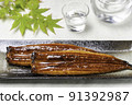 Grilled eel on a long plate, autumn leaves and cold 2 91392987