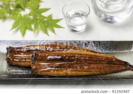 Grilled eel on a long plate, autumn leaves and cold 2 91392987