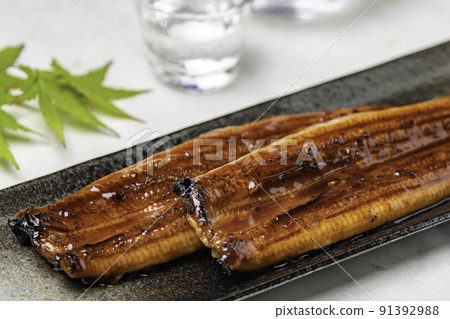 Grilled eel on a long plate, autumn leaves and cold 3 91392988