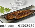 Grilled eel on a long plate, autumn leaves and cold 4 91392989