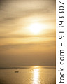 Fishing boat silhouette and sun 91393307
