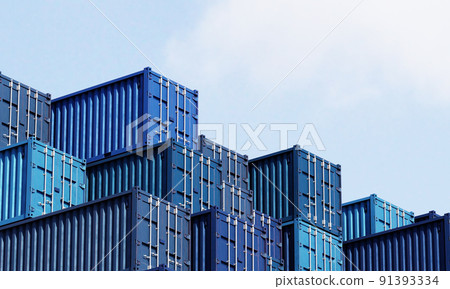 Stack of blue container boxes with sky background. Cargo freight shipping for import and export logistics. Business and transportation concept. 3D illustration rendering 91393334