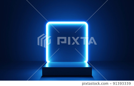 Cyberpunk blue empty podium with glowing lamp frame in the dark for product presentation. Technology and Sci-fi concept. 3D illustration rendering Cyberpunk blue empty podium with glowing lamp frame in the dark for product presentation. Technology and Sci-fi concept. 3D illustration rendering 91393339