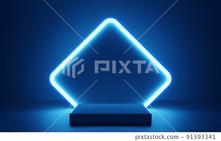 Cyberpunk blue empty podium with glowing lamp frame in the dark for product presentation. Technology and Sci-fi concept. 3D illustration rendering Cyberpunk blue empty podium with glowing lamp frame in the dark for product presentation. Technology and Sci-fi concept. 3D illustration rendering 91393341