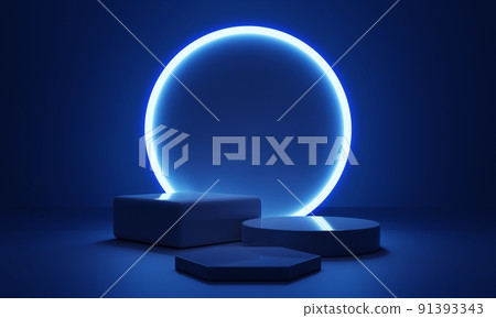 Cyberpunk blue empty podium with glowing lamp frame in the dark for product presentation. Technology and Sci-fi concept. 3D illustration rendering 91393343