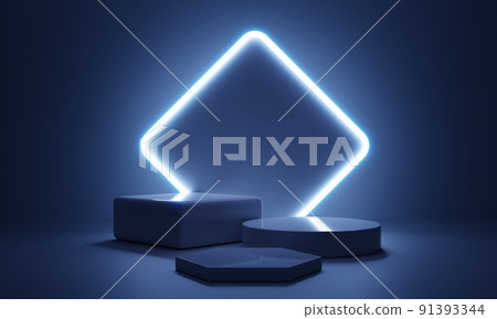 Cyberpunk blue empty podium with glowing lamp frame in the dark for product presentation. Technology and Sci-fi concept. 3D illustration rendering Cyberpunk blue empty podium with glowing lamp frame in the dark for product presentation. Technology and Sci-fi concept. 3D illustration rendering 91393344