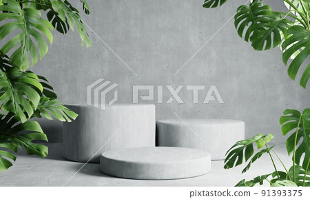 Three round podiums in grey loft color background with Monstera plant foreground. Abstract wallpaper template element and architecture interior object concept.3D illustration rendering 91393375