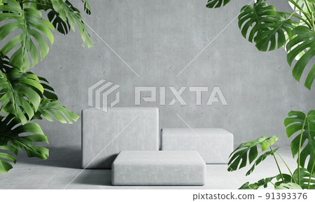 Three rectangle podiums in grey loft color background with Monstera plant foreground. Abstract wallpaper template element and architecture interior object concept.3D illustration rendering 91393376