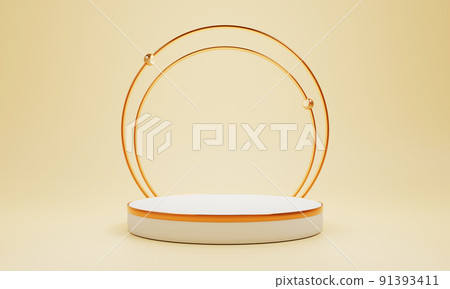 Minimal product podium stage with yellow pastel color and golden ring frame in geometric shape for presentation background. Abstract background and decoration scene template. 3D illustration rendering 91393411