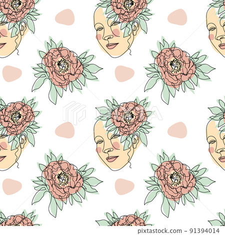 Seamless pattern with one single line drawings of female face and flowers Seamless pattern with one single line drawings of female face and flowers 91394014