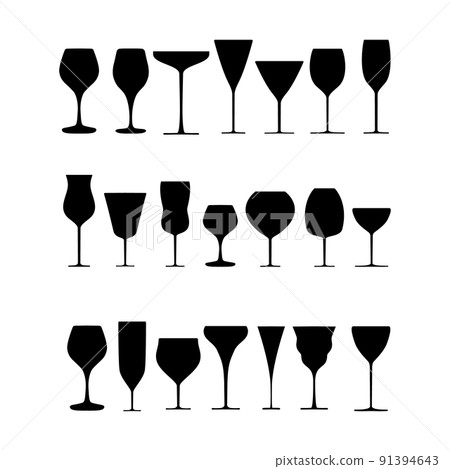 A set of glasses. Vector collection of silhouettes of black wine glasses of different shapes. White background 91394643