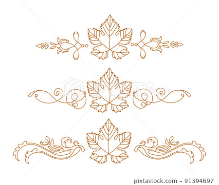 Vine. Vector illustration. Design elements with a twisting vine with leaves and berries. Drawing by hand in the style of line art. Horizontal gold monograms. Vine. Vector illustration. Design elements with a twisting vine with leaves and berries. Drawing by hand in the style of line art. Horizontal gold monograms. 91394697