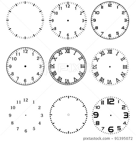 mechanical clock face dials template set on white background. watches with arabic and roman numerals sign. flat style. 91395072