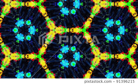 kaleidoscope effect from wavy shiny liquid surface with distorted circles like drops of paint in oil. Creative background with multicolor gradient. 3d render kaleidoscope effect from wavy shiny liquid surface with distorted circles like drops of paint in oil. Creative background with multicolor gradient. 3d render 91396215