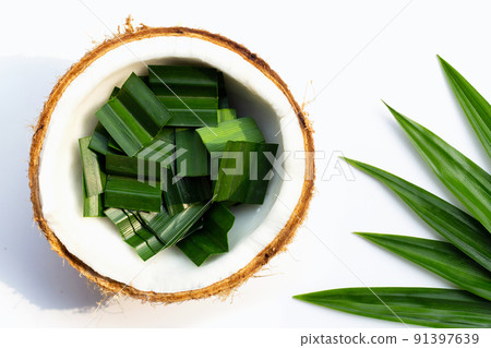 Pandan leaves in half coconut Pandan leaves in half coconut 91397639