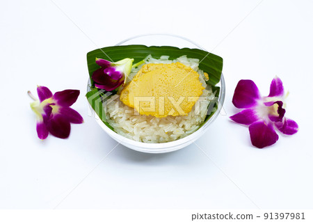 Thai dessert, Sweet sticky rice with egg custard 91397981