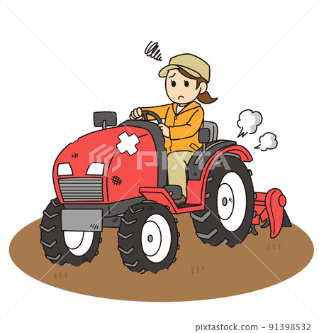 駕駛一輛殘破的拖拉機的女性農夫 駕駛一輛殘破的拖拉機的女性農夫 91398532