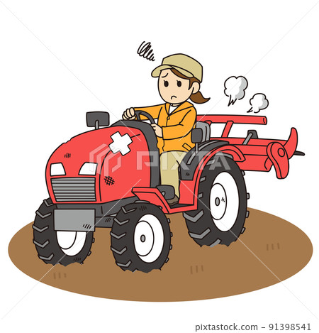 Female farmer driving a broken tractor Female farmer driving a broken tractor 91398541