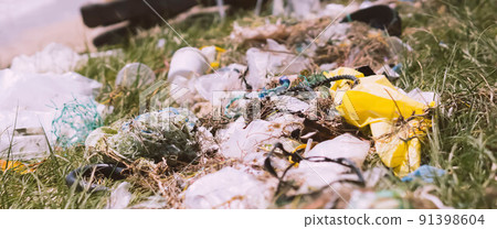 BANNER Real nature life climate crisis, land near sea park pollution. Dirty sand beach, throwing outdoor plastic litter waste, need environmental protection. Problem of garbage caused by man made BANNER Real nature life climate crisis, land near sea park pollution. Dirty sand beach, throwing outdoor plastic litter waste, need environmental protection. Problem of garbage caused by man made 91398604