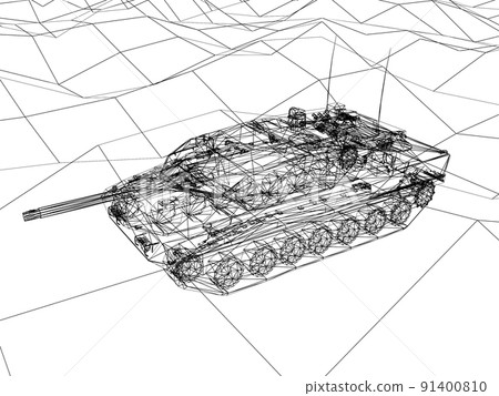 battle tank on sand wire frame ,3d rendering 91400810