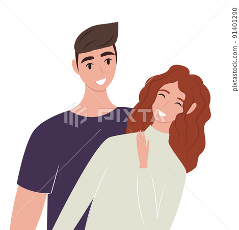 Woman man standing together flat. Young happy man and woman are having fun and laughing. Templates for design. Cute vector illustration in flat style. Woman man standing together flat. Young happy man and woman are having fun and laughing. Templates for design. Cute vector illustration in flat style. 91401290