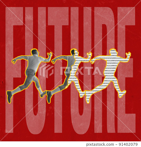 Young man in retro style outfit running away over red background with lettering. Contemporary art collage. News, matrix, techno, cloning, digital reality Young man in retro style outfit running away over red background with lettering. Contemporary art collage. News, matrix, techno, cloning, digital reality 91402079