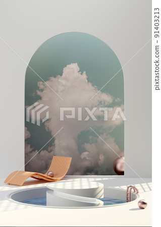 3D rendering white podium in water and doorframe with cloudy sky texture abstract content 91403213