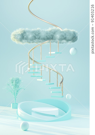 3D render blue podium with cloud texture in blue background abstract content  91403216